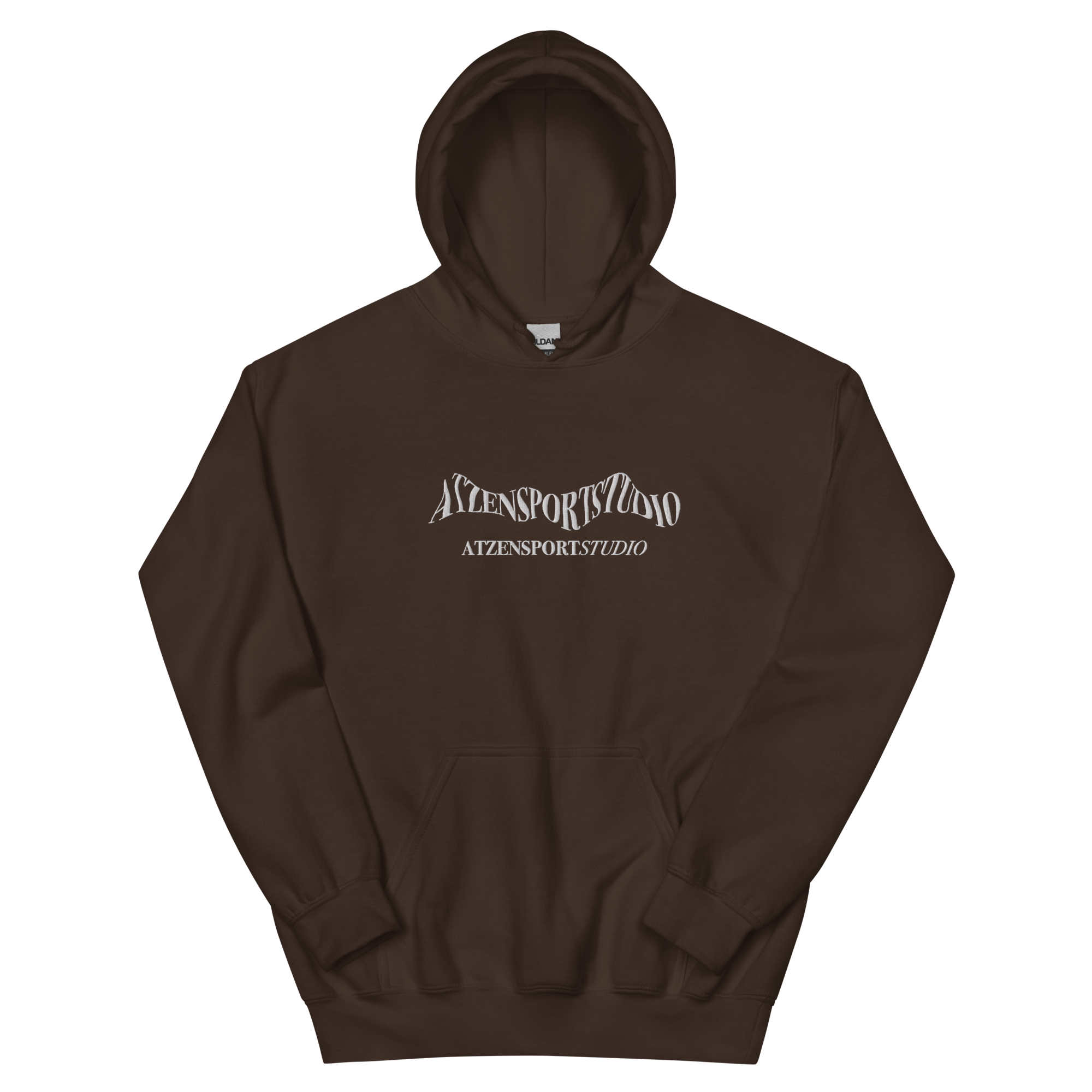 Brauner Hoodie mit weiß gesticktem Atzensportstudio-Logo 