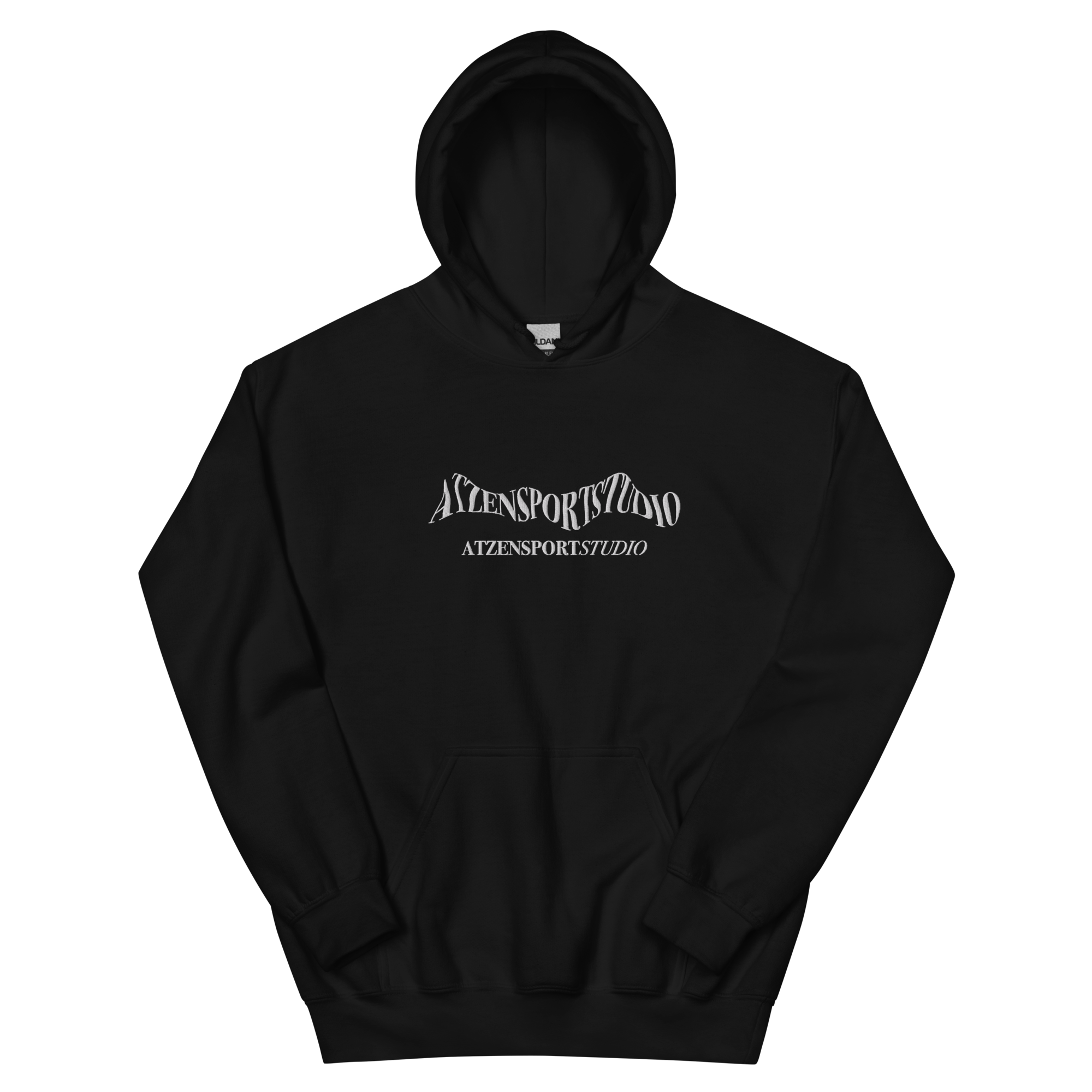 Schwarzer Hoodie mit weiß gesticktem Atzensportstudio-Logo 
