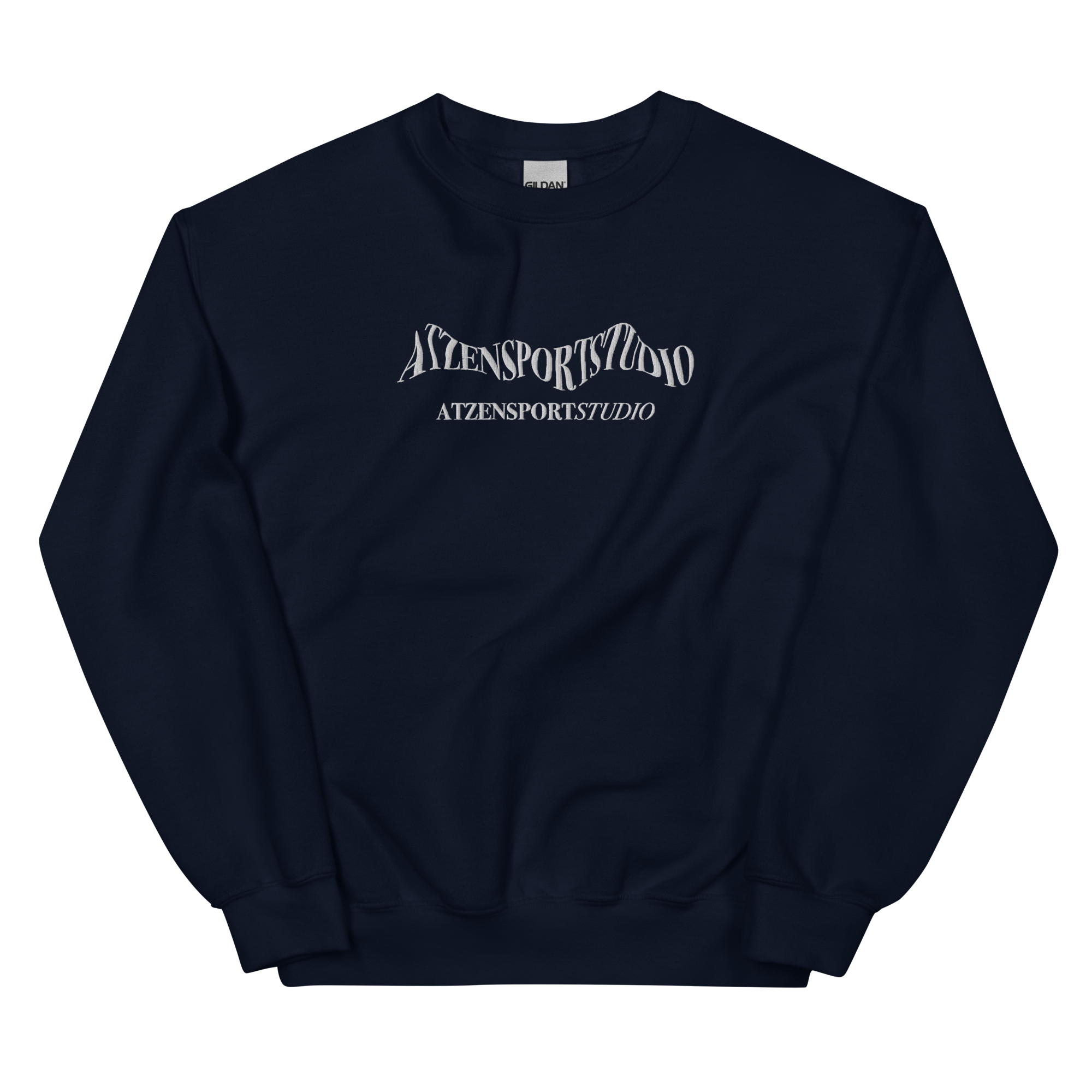 Dunkelblauer Sweater mit weiß gesticktem Atzensportstudio 