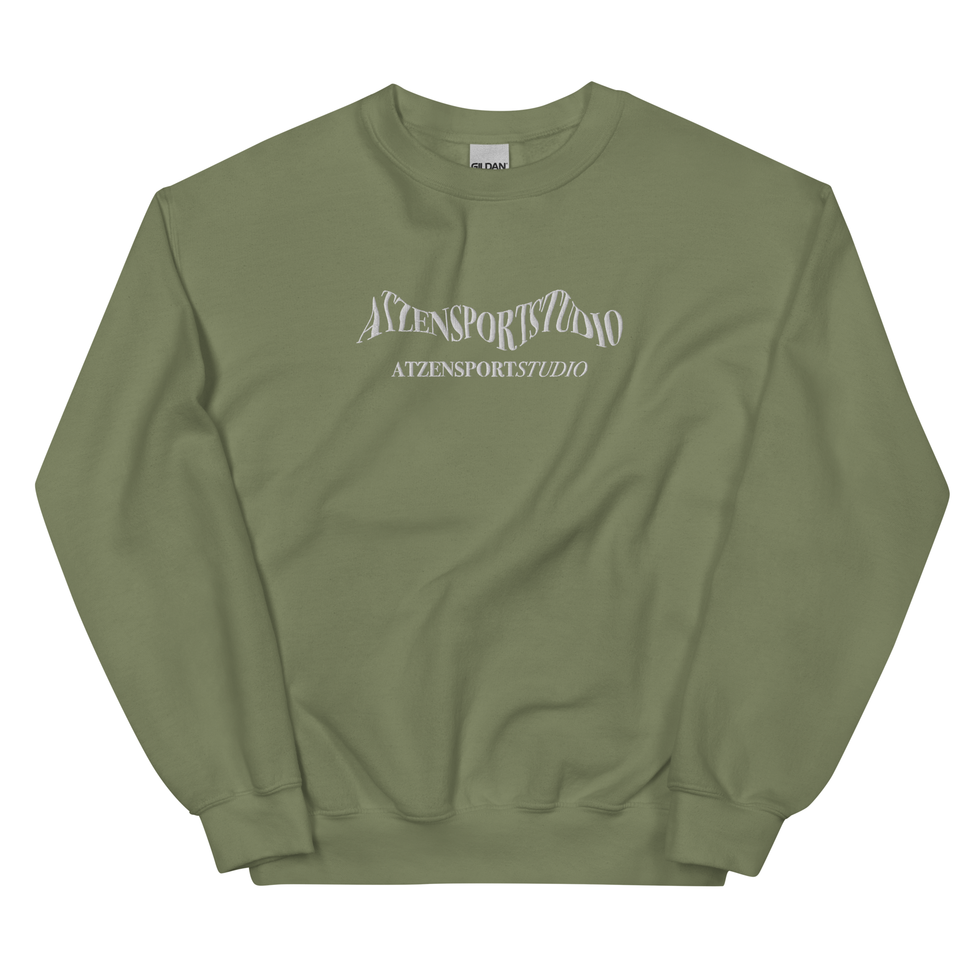 Grüner Sweater mit weiß gesticktem Atzensportstudio 