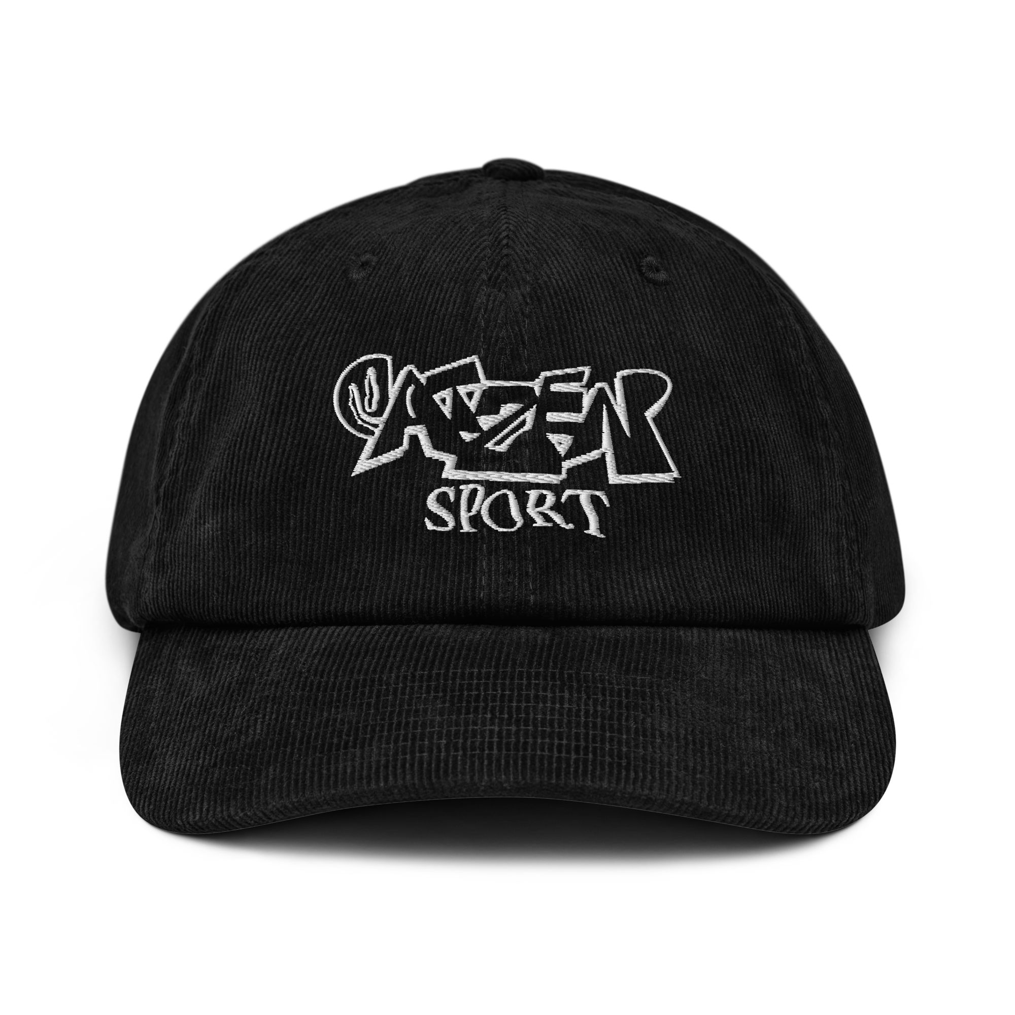 Schwarze Cord Cap mit weiß gesticktem Atzensportstudio Logo 