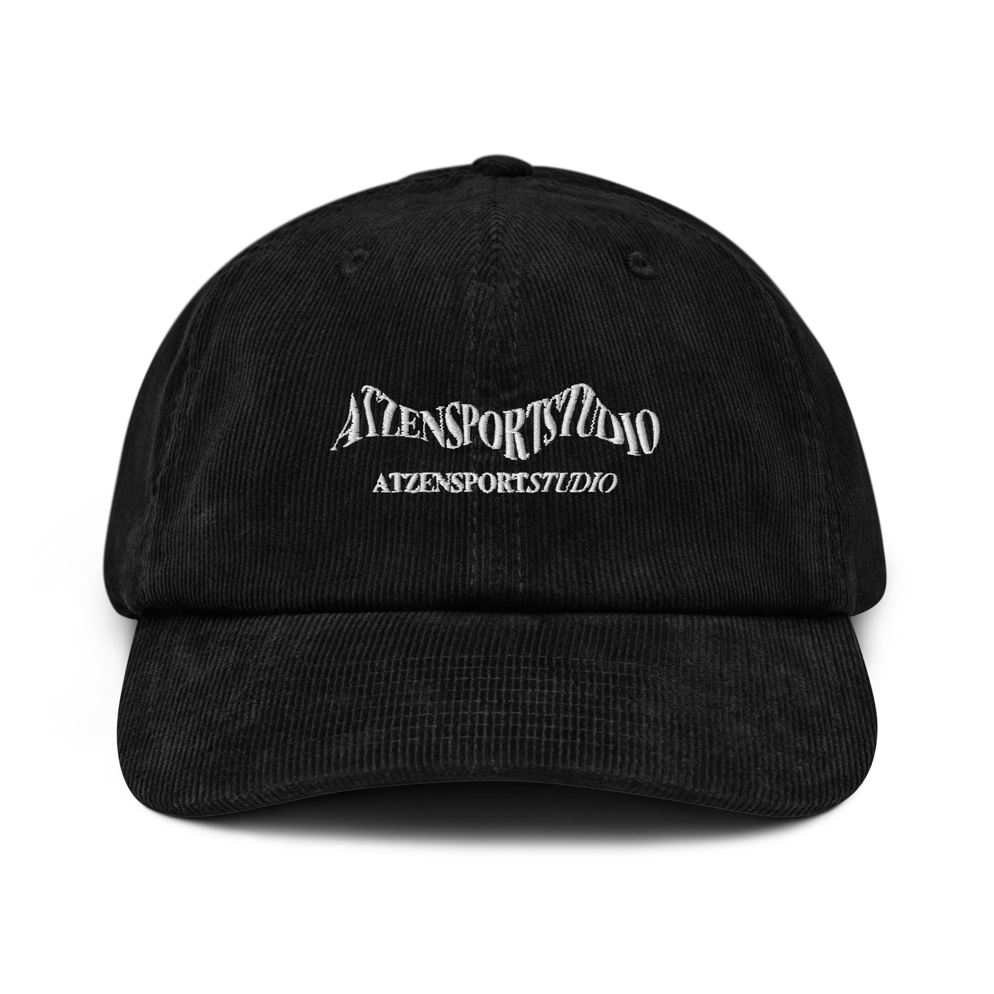 Schwarze Cord Cap mit weiß gesticktem Atzensportstudio Logo