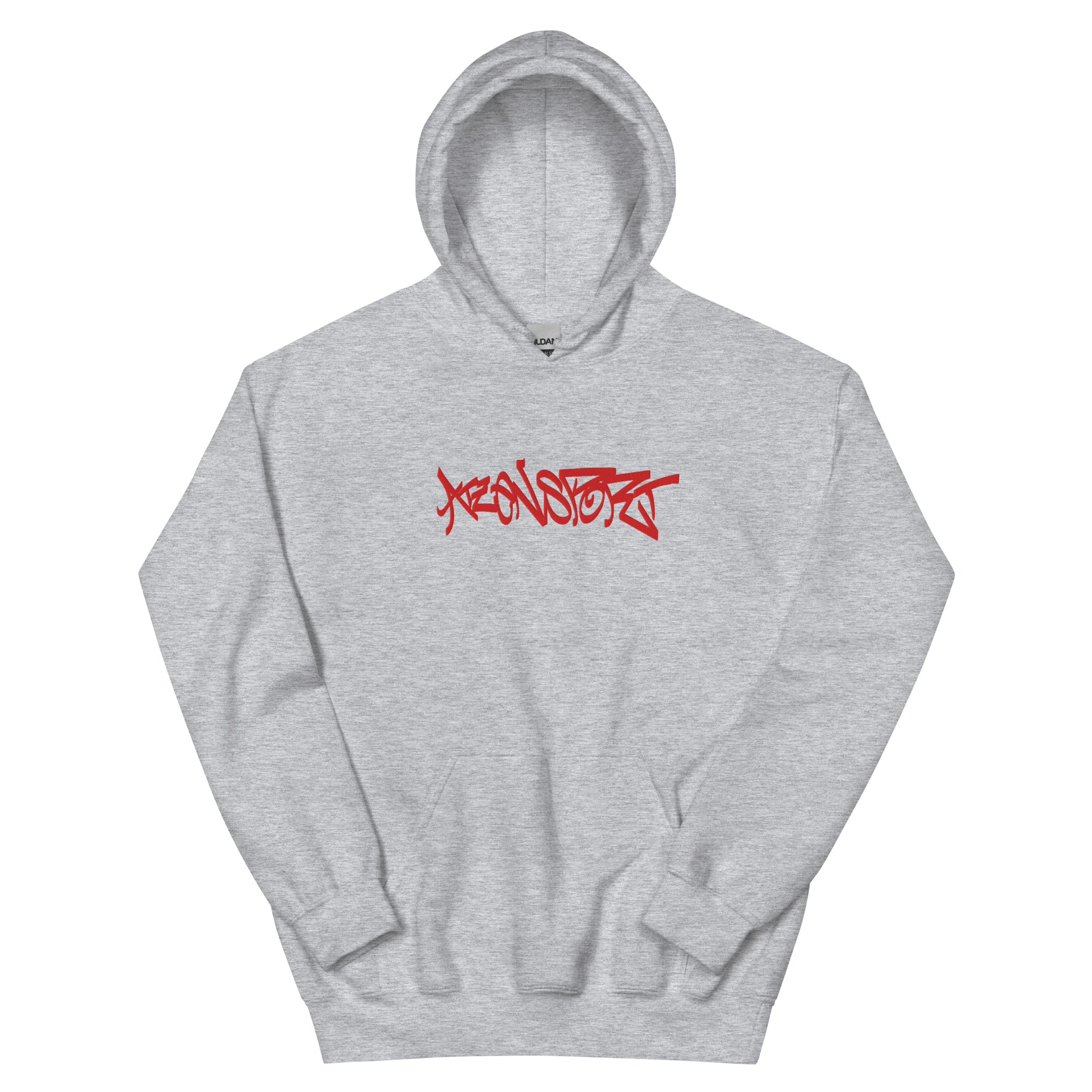Hellgrauer Hoodie mit großflächiger gestickter, roten Atzensport-Schrift 