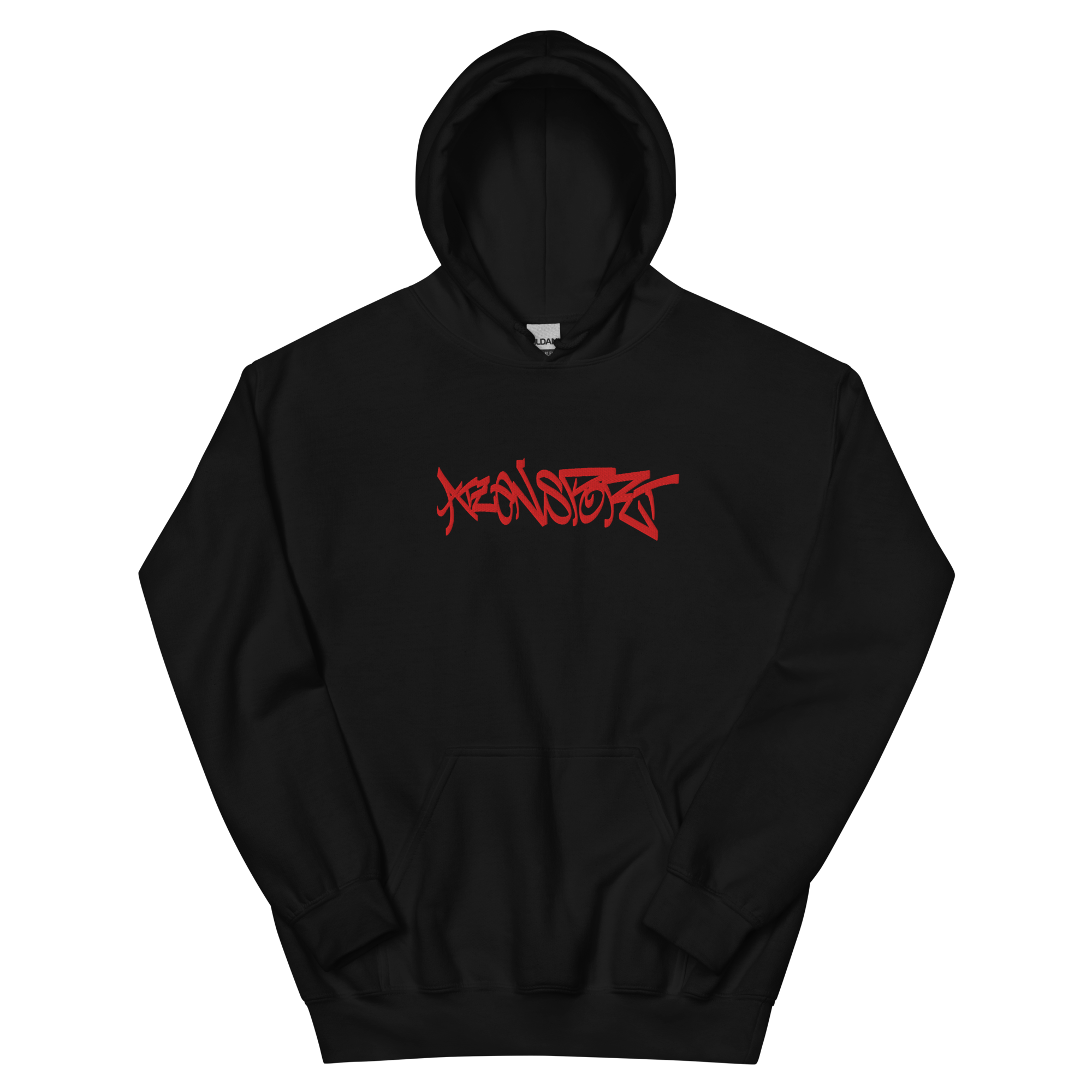 Schwarzer Hoodie mit großflächiger gestickter, roten Atzensport-Schrift 