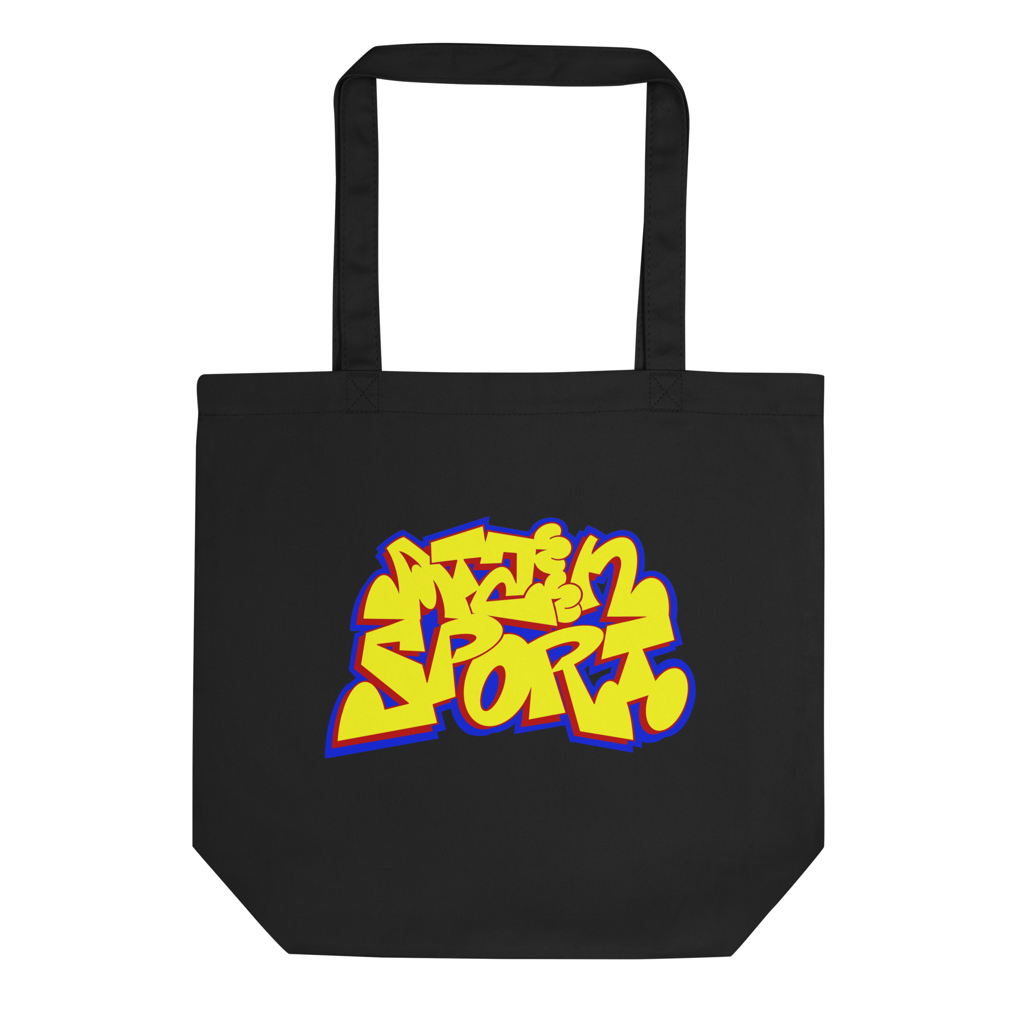 Schwarze Baumwolltasche mit buntem Druckmotiv 