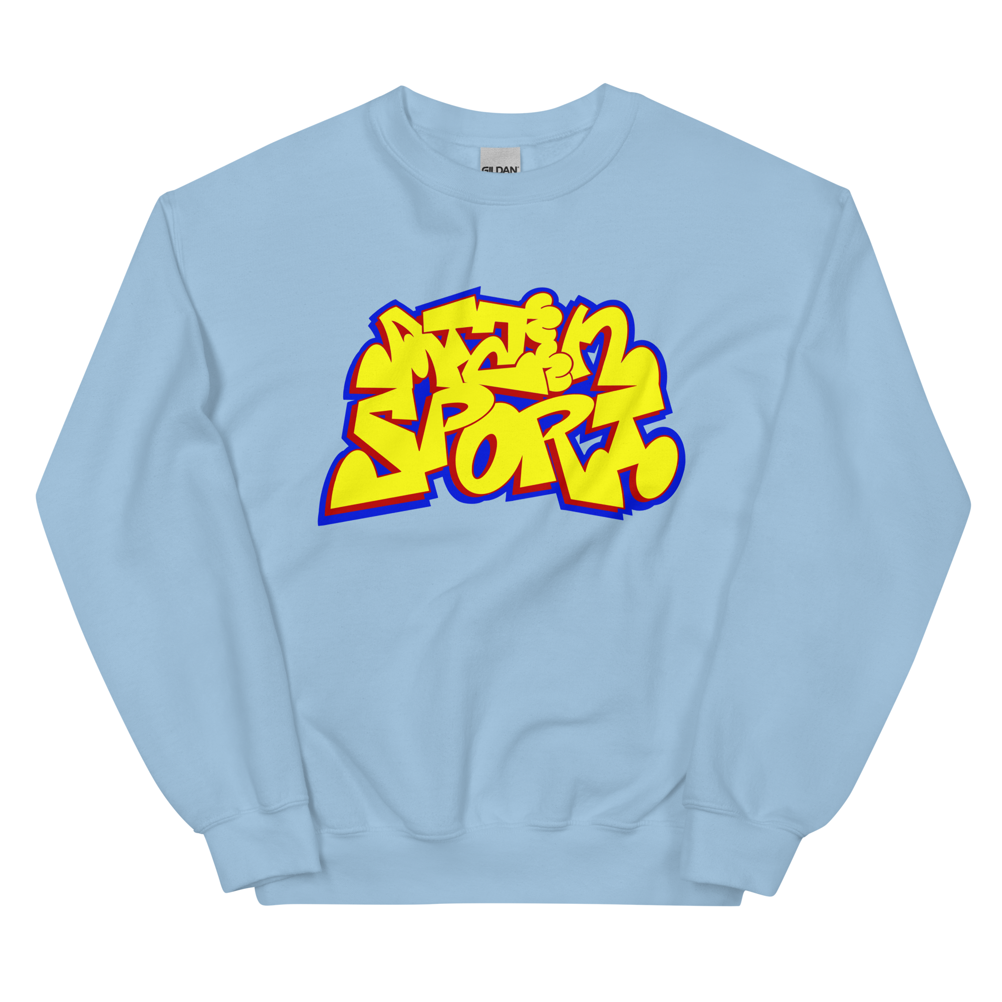 Hellblauer Sweater mit buntem Graffiti-Druck 