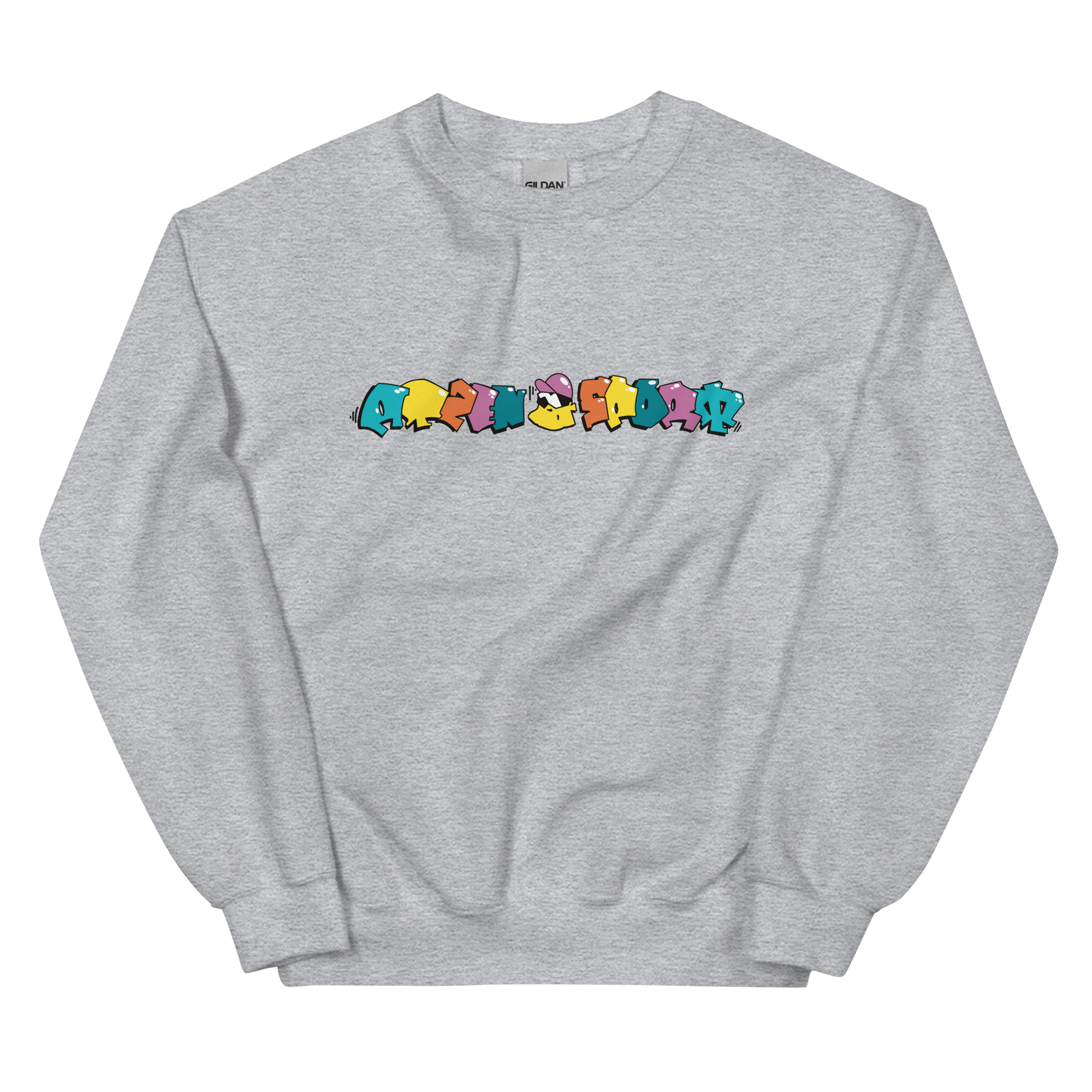 Grauer Sweater mit buntem Atzensport Schriftzug 