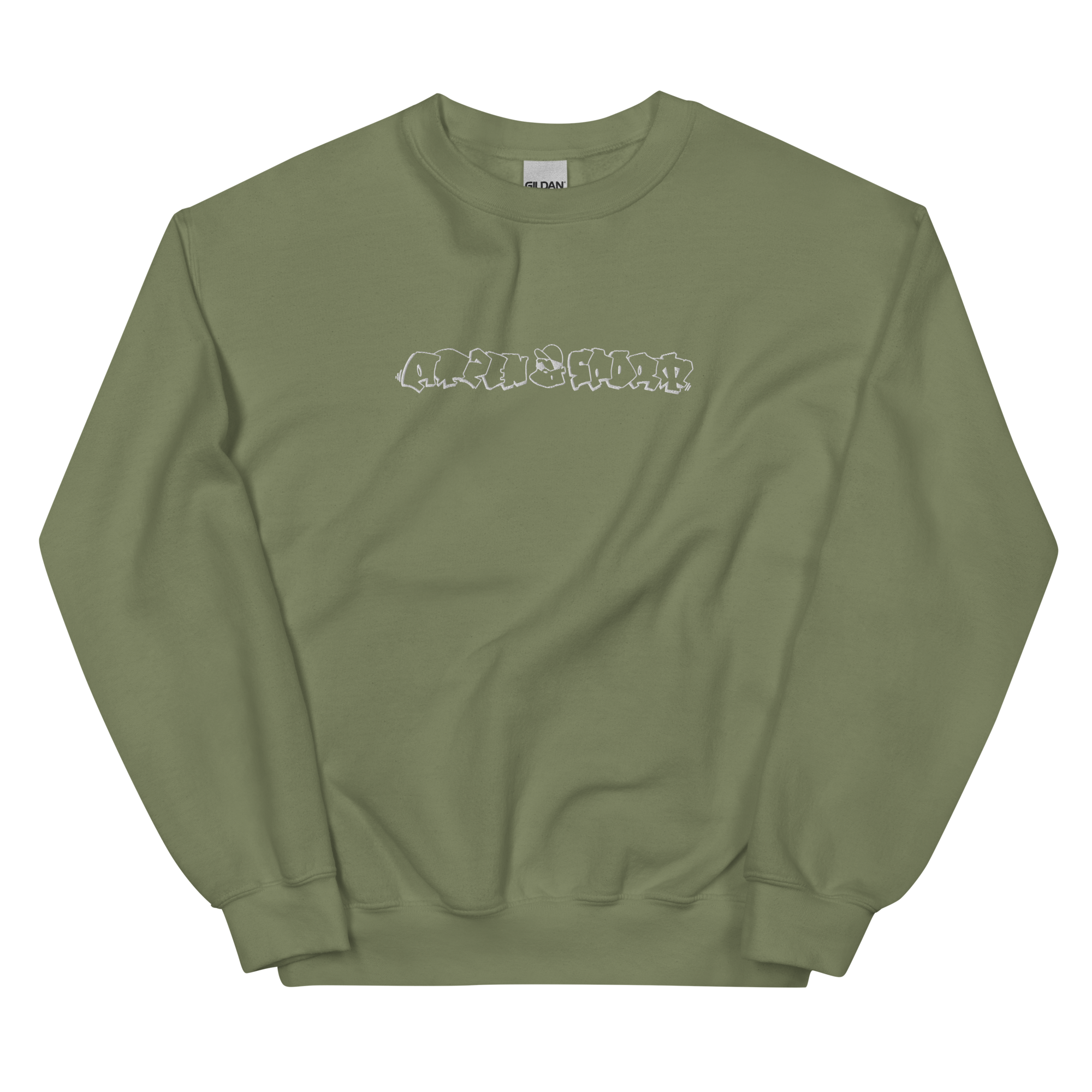 Grüner Sweater mit weiß gesticktem Motiv 